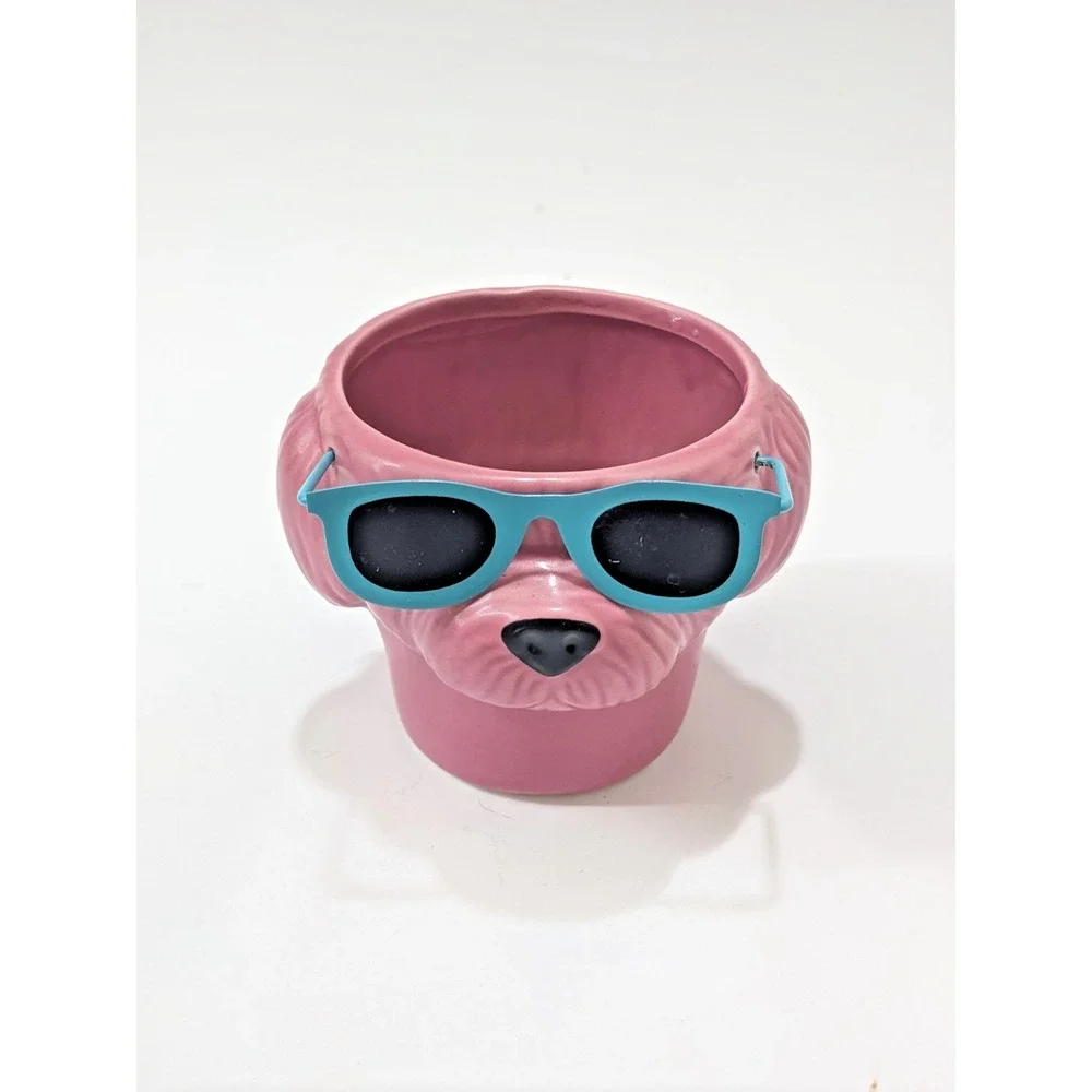 Trader Joes Dog of Days Summer Pink Dog Head Ceramic Planter Pot Sunglasses 3